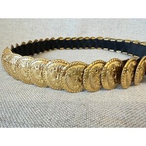 Vintage Gold Tone Lion Head Coin Stretch Belt Black Elastic Medallion 80s Sz S/M